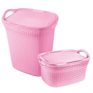 Kit Com 2 Cestos De Roupa Para Lavanderia E Banheiro Rosa